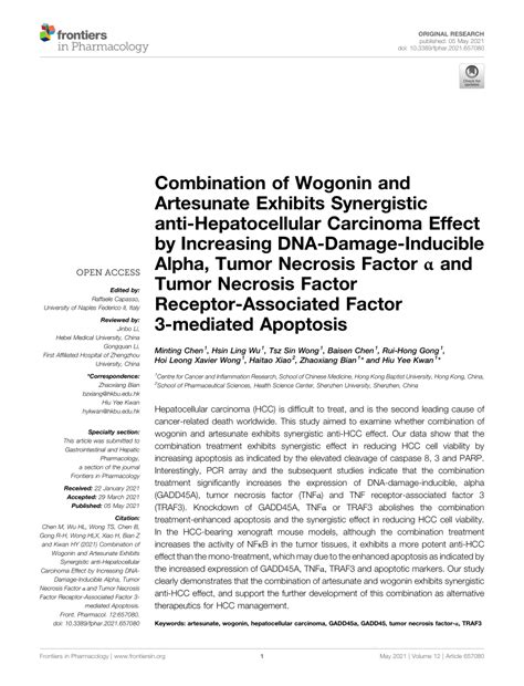 Pdf Combination Of Wogonin And Artesunate Exhibits Synergistic Anti