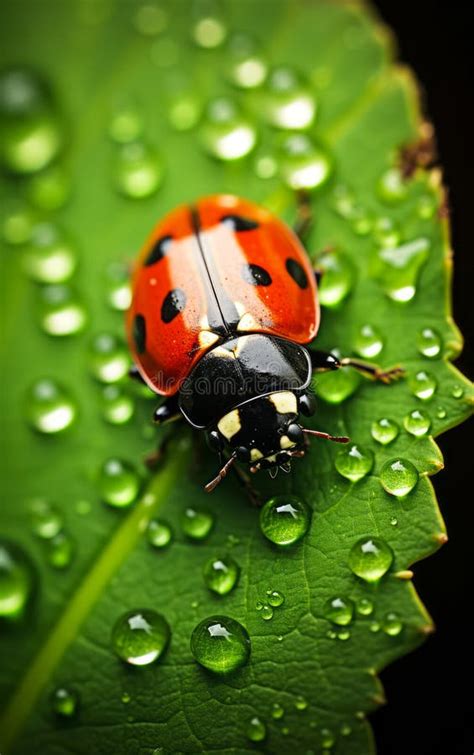 Ladybug On A Green Leaf With Dew Drops A Symbol Of Good Luck And The