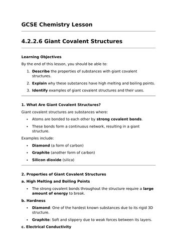 Giant Covalent Structures Gcse Chemistry Lesson Teaching Resources