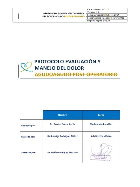 Protocolo De Evaluación Y Manejo Del Dolor Agudo Post Operatorio Pdf