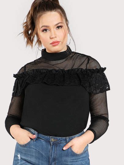 Shein Plus Mesh Shoulder Lace Trim Top Lace Trim Top Lace Trim Tops