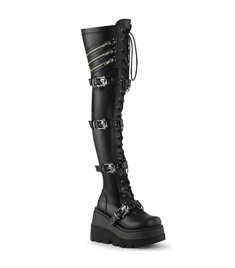 SHAKER 420 Plateau Overknee Stiefel Mit Totenkopf Schnallen Schwarz