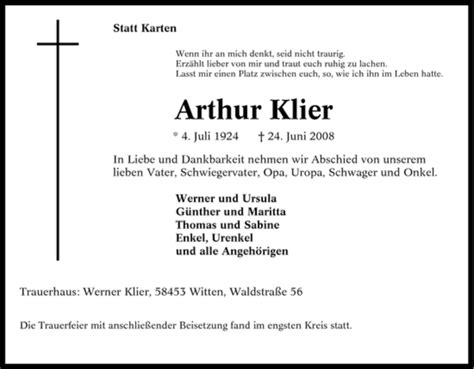 Traueranzeigen Von Arthur Klier Trauer In NRW De