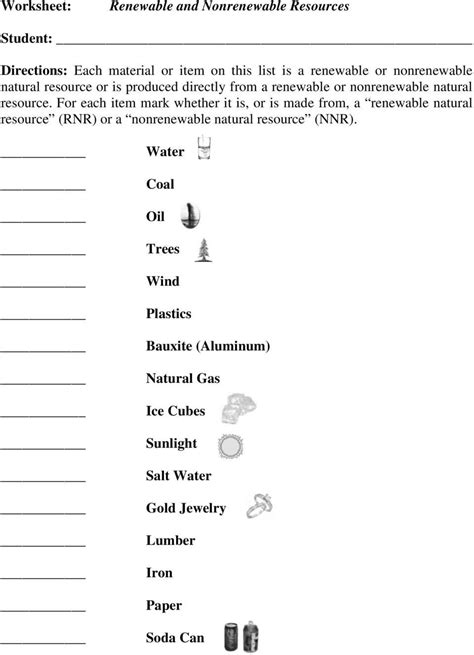 Renewable Nonrenewable Resources Worksheet