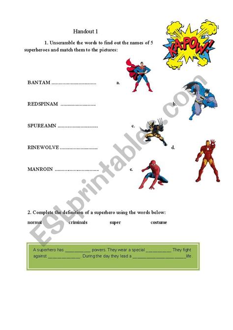 Super Heroes Esl Worksheet By Cristina