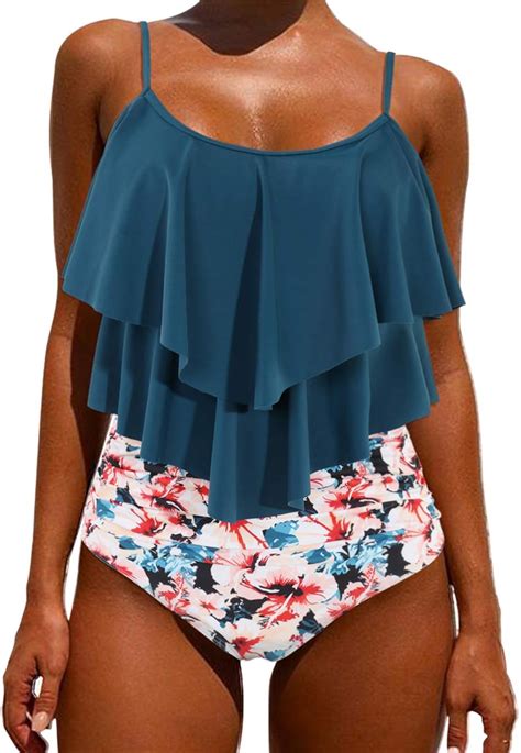 Omkagi Damen Bikini Set Volant Neckholder Hohe Taille Badehose