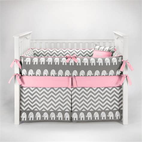 Elephant Chevron Zig Zag Gray Pink Baby Bedding 5pc Crib Set By