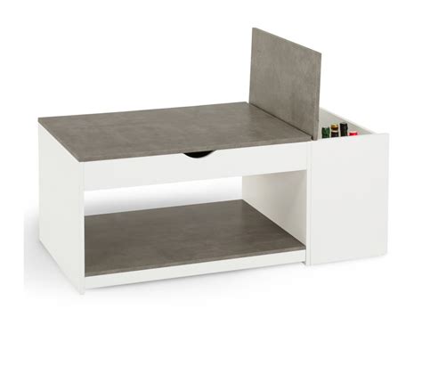 Table Basse Plateau Relevable Elea Avec Coffre Bois Blanc Et Gris Effet