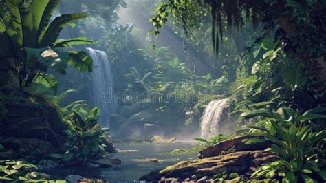 Tranquil Waterfall In Lush Tropical Rainforest Resplendent Stock