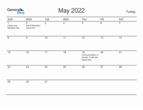 Printable May 2022 Monthly Calendar With Holidays For Turkey