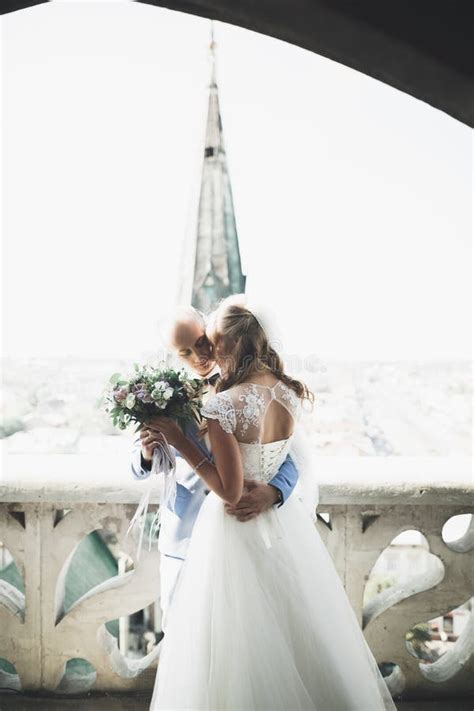 Beijando Os Pares Do Casamento Que Ficam Sobre A Paisagem Bonita Foto