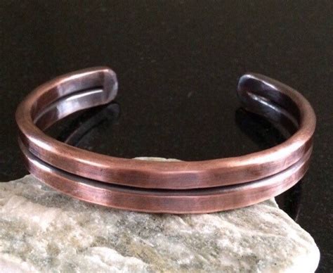 Men S Copper Bracelet Br P Flat Hammered Double Bar Etsy