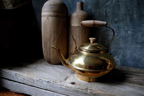 Brass Tea Pot Vintage Rustic Brass Tea Kettle Wood Handle Etsy