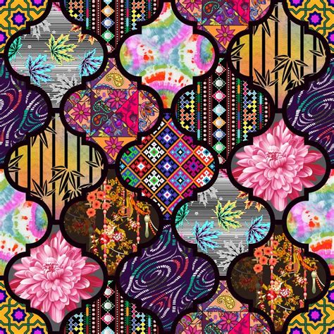 A Colorful Pattern With Flowers And Other Things On The Surface