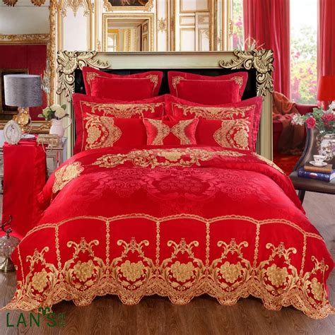 2016 Luxury Red Jacquard Satin 4pcs Bedding Sets 100 Cotton Shiny Gold