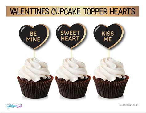 Valentines Day Conversation Hearts Cupcake Toppers Black And Gold Printable Valentine Favor