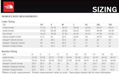 North Face Womens Size Chart For Jackets Pe