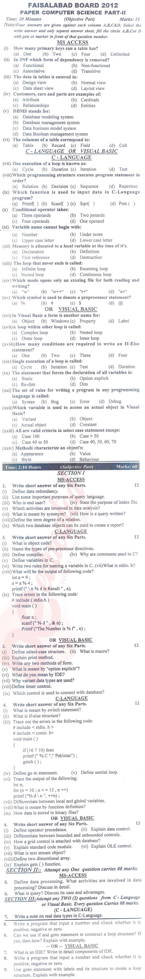 Computer Science Ics Part 2 Past Paper Group 1 Bise Faisalabad 2012 Past Papers