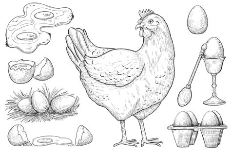 Dibujo De Gallina Y Huevo Vector Premium