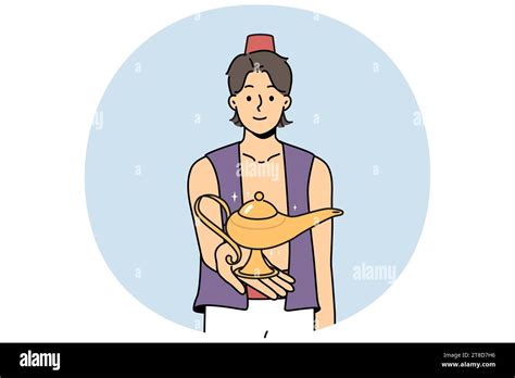 Smiling Aladdin holding wonderful lamp in hands. Happy male genie with ...