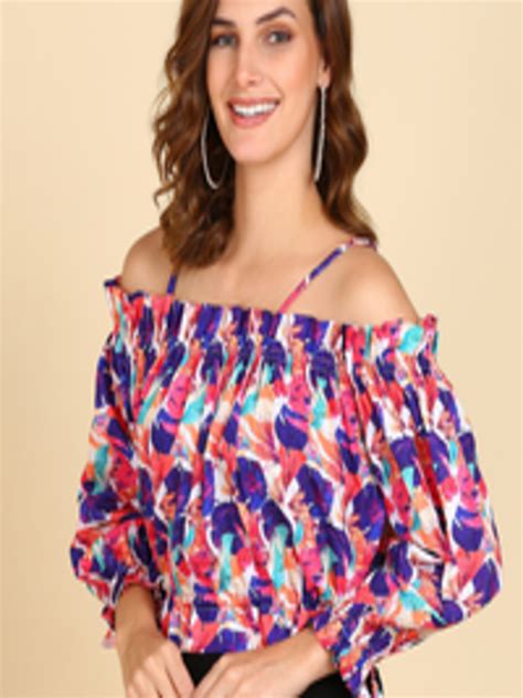 Buy Znx Clothing Tropical Printed Puff Sleeves Off Shoulder Bardot Crop