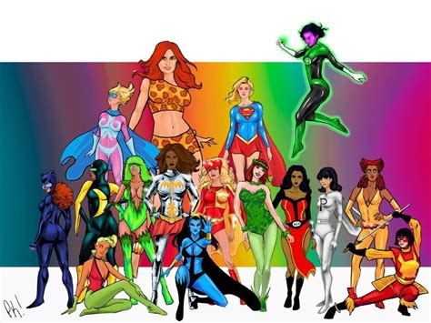 A Group Of Women Dressed Up As Superheros In Front Of A Rainbow Colored