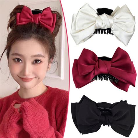 Large Satin Bow Hair Claw Clips Black Hair Bows For Women Big Claw