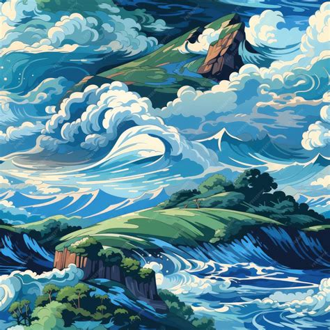 Premium AI Image | Cartoon ocean scene with waves and hills in ...