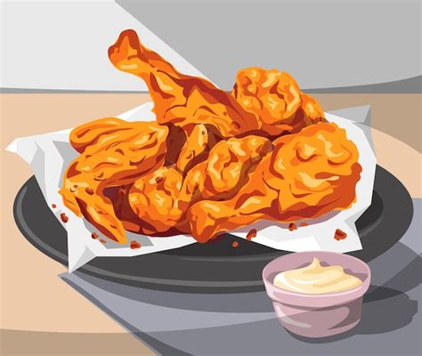 Premium Vector Fried Chicken Vector On A Plate With Mayonnaise Sauce