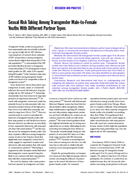 Pdf Sexual Risk Taking Among Transgender Male To Female Youths With