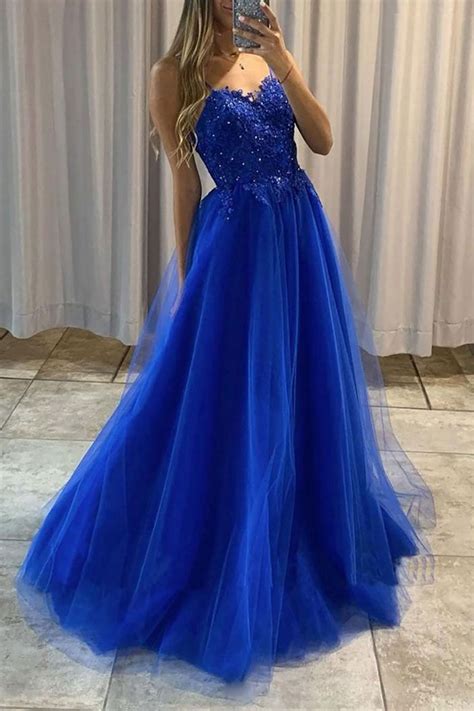 Queendancer Women Royal Blue Long Prom Dress With Beading A Line Tulle