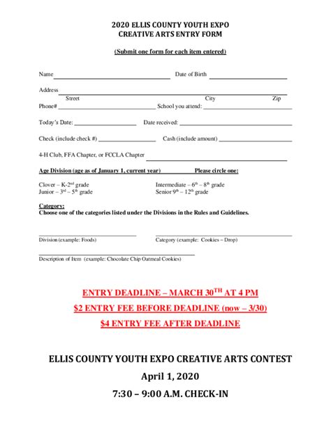 Fillable Online 2020 Ellis County Youth Expo Creative Arts Entry Form