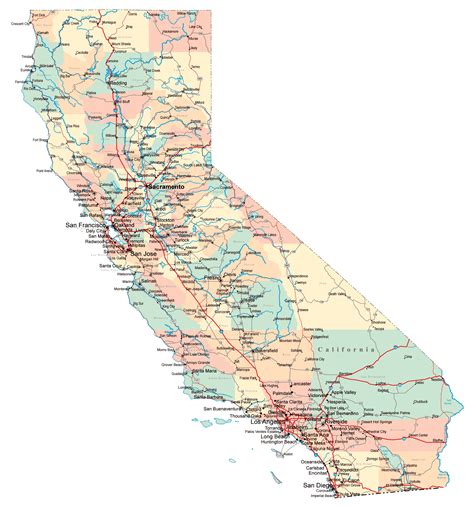 Large administrative map of California state with roads, highways and ...