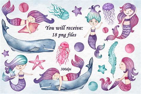 Watercolor Little Mermaid Clipart By Passionpngcreation Thehungryjpeg