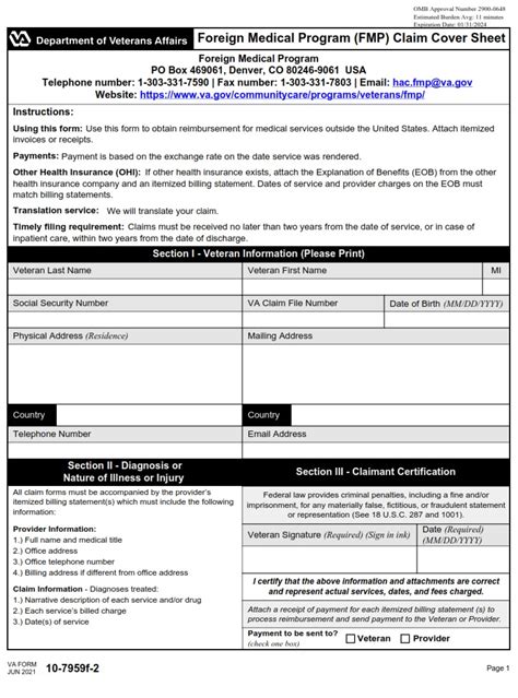 Va Form 10 7959f 2 Foreign Medical Program Fmp Claim Cover Sheet Va Forms