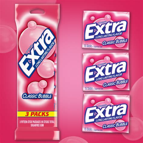 Extra Classic Bubble Sugar Free Chewing Gum 15 Ct 3 Pack