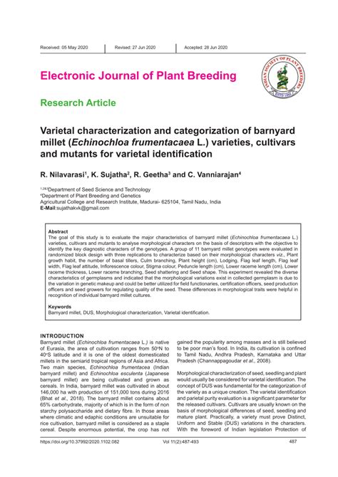 PDF Varietal Characterization And Catrgorization Of Barnyard Millet