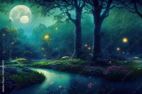 Fantasy Magical Enchanted Fairy Tale Landscape With Forest Lake