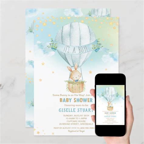Bunny Rabbit Hot Air Balloon Baby Shower Boy Invitation Zazzle