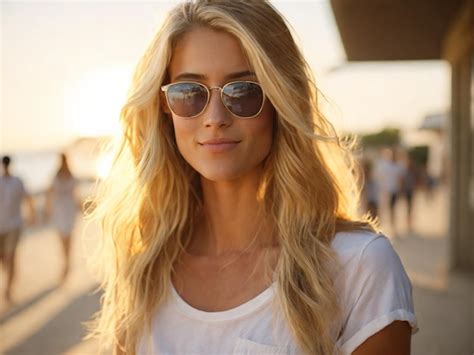 Premium Photo Portrait Of A Beautiful Blonde Woman In Sunglasses On The Beach Generative AI
