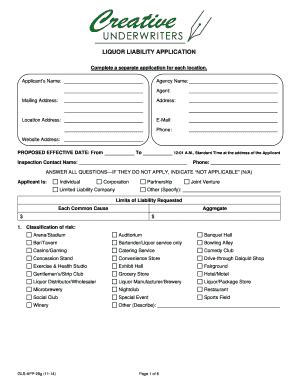 Fillable Online LIQUOR LIABILITY APPLICATION Creativeunderwriterscom