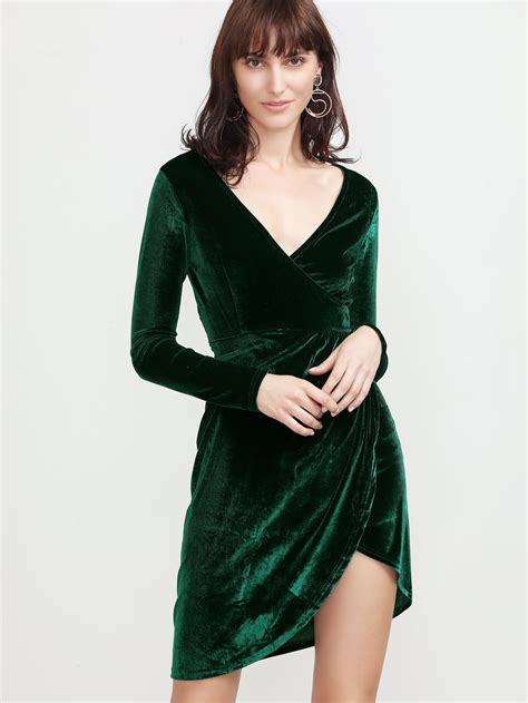 Dark Green V Neck Wrap Velvet Dress Shein Sheinside