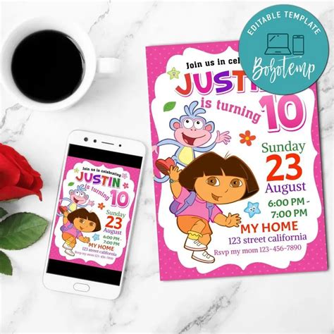 Dora Explorer Digital Invitation Customizable Template Diy Bobotemp