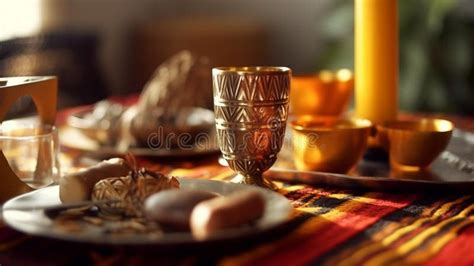 Kwanzaa Table With Mazao Kinara And Kikombe Cha Umoja Stock