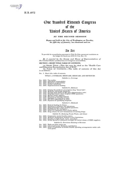 One Hundred Eleventh Congress Of The United States Of America Pdf Medicare United States