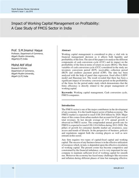 Pdf Impact Of Working Capital Management On Profitability A Case