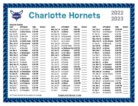 Printable Charlotte Hornets Schedule