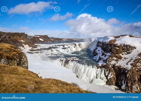 Frozen Gullfoss Waterfall Iceland Stock Image Image Of Sunset