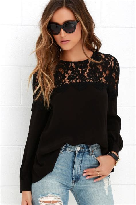 Lace Top Black Blouse Long Sleeve Top Black Top