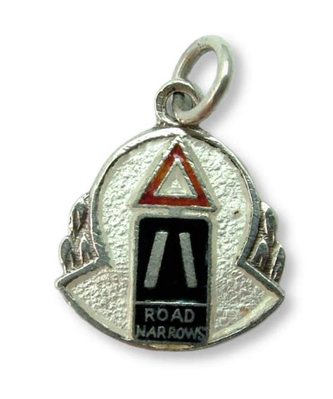 Vintage 1960s Silver And Enamel Road Narrows Road Sign Charm Sandys